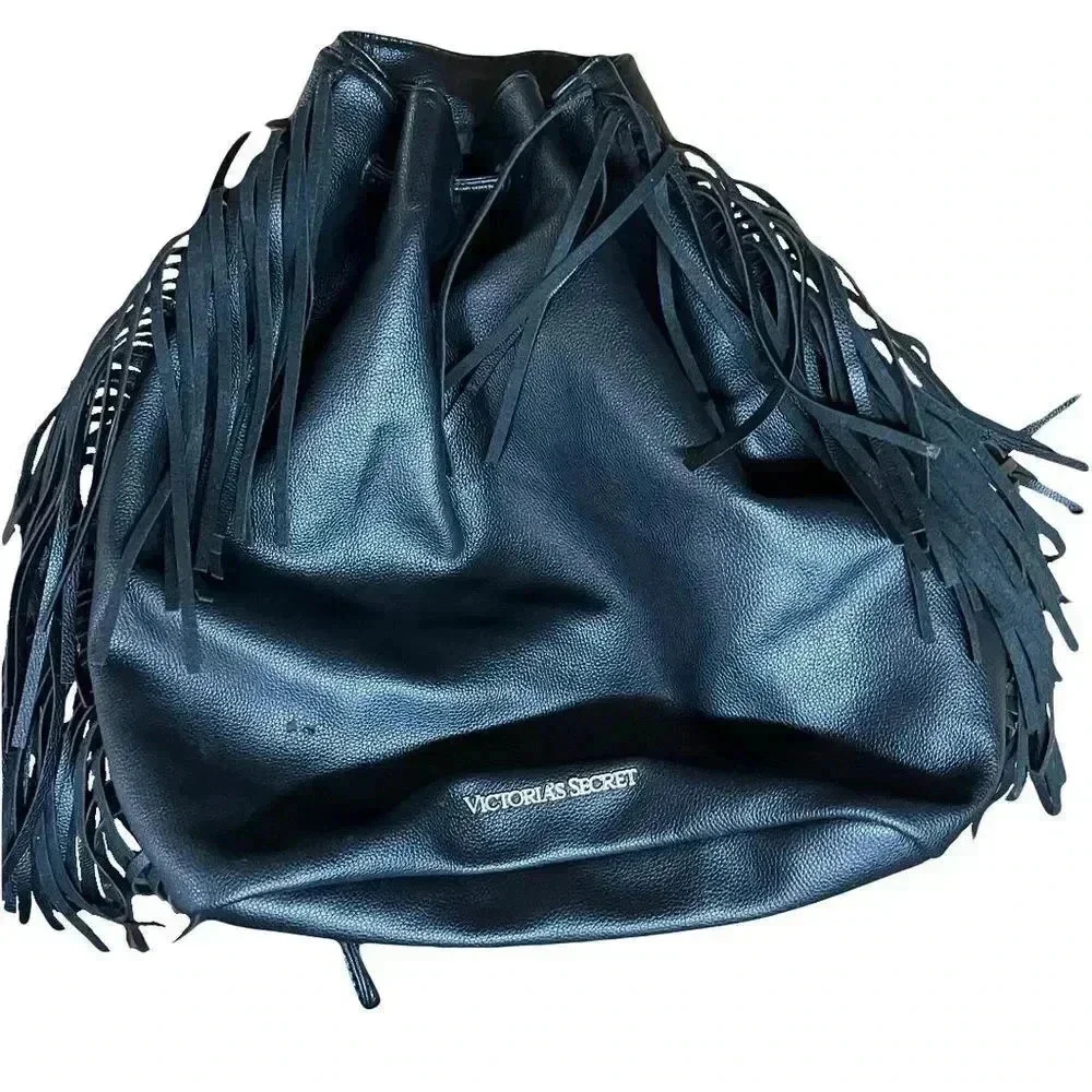 🌟 Victoria's Secret Black Fringe Drawstring Backpack Women's Fashion Accessory 🌟 - Picture 7 of 9